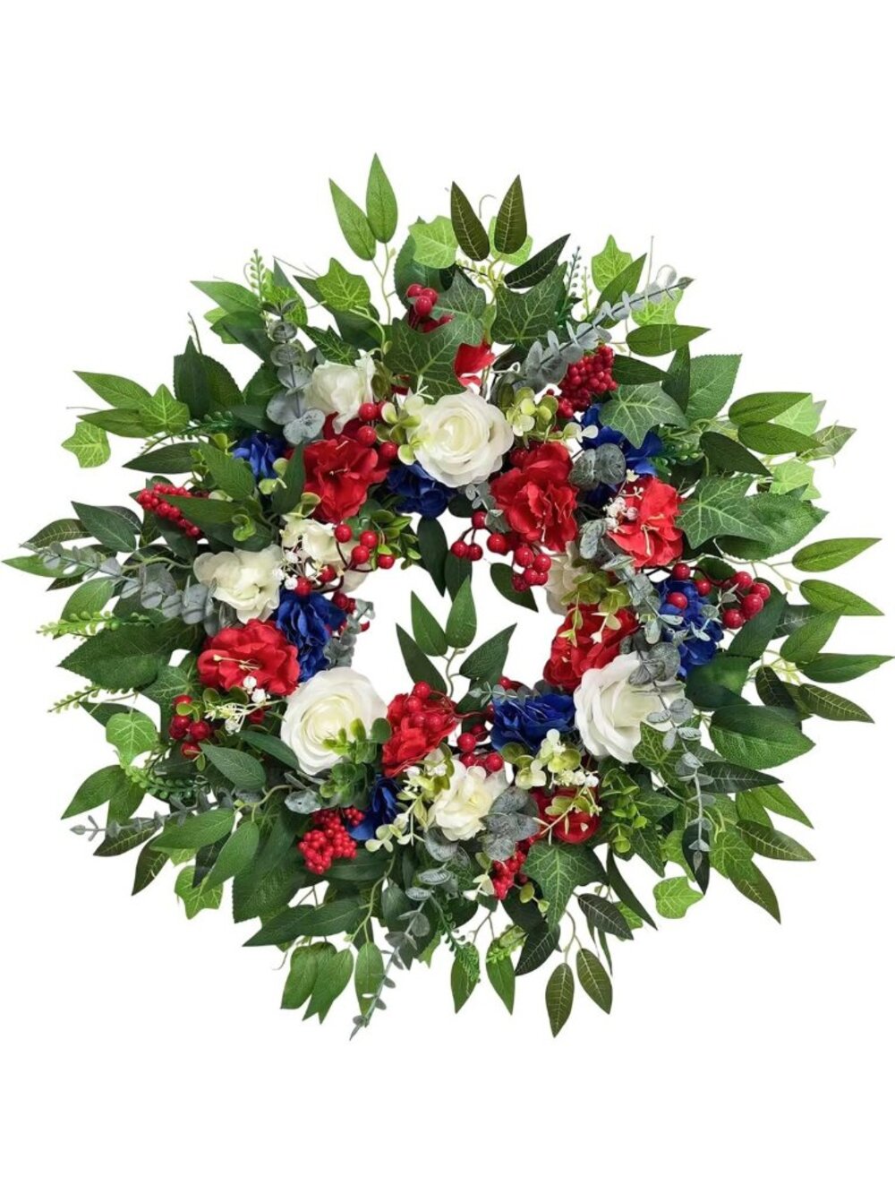 24-Inch Patriotic Wreath for Front Door | Red, White & Blue Summer Decor